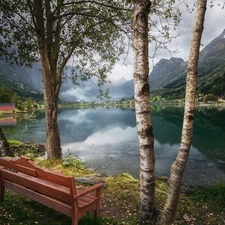 viewes, lake, Bench, trees, Mountains, birch, clouds