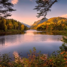 Mountains, lake, Bush, autumn, viewes, Canada, Quebec, trees