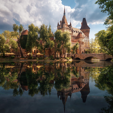 trees, Pond - car, Budapest, bridge, Vajdahunyad Castle, viewes, Hungary