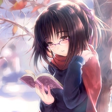 girl, Book, trees, Glasses