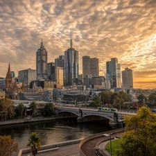 trees, viewes, Australia, skyscrapers, Melbourne, Yarra River, bridge, Town