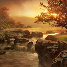 trees, Stones, sun, River, west