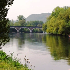 trees, viewes, water, bridge, Beynac