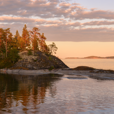 trees, Ladoga, Islet, Karelia, reflection, lake, Rocks, Russia, viewes, clouds