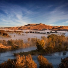 trees, viewes, River, Fog, Mountains