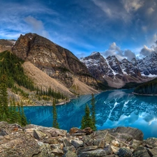 trees, viewes, Stones, lake, Mountains