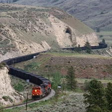 trees, viewes, River, Train, Mountains