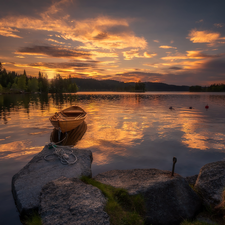 Ringerike Municipality, Norway, Great Sunsets, lake, trees, viewes, Boat, forest, Stones