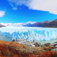 trees, viewes, mountains, Ice, Sky