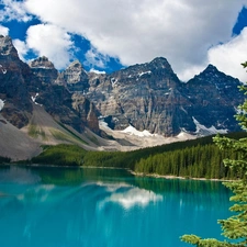 trees, viewes, Mountains, lake, Sky