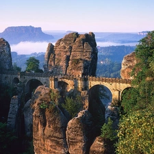 trees, viewes, rocks, bridge, View