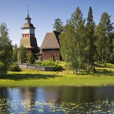 trees, viewes, Church, River, wooden