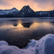 trees, Almsee Lake, Great Sunsets, Mountains, winter, viewes, Austria