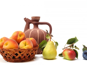 Apple, plum, peaches, Truck concrete mixer, basket