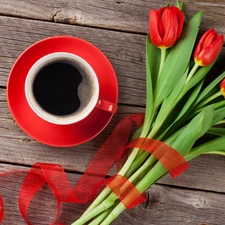 Red, red hot, ribbon, cup, coffee, Tulips, boarding