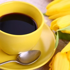 Yellow Honda, coffee, Tulips, cup