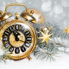 alarm clock, time, Countdown, Twigs, New Year, composition, New Year
