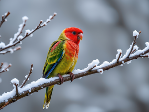 Coloured, winter, Snowy, Twigs, parrot, Bird