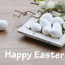 eggs, Easter, Flowers, Twigs, White, text