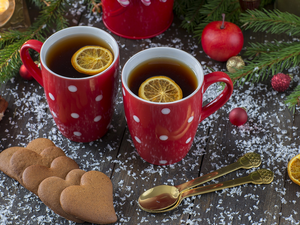 Two cars, tea, cups, Lemon, boarding, Christmas, cinnamon, Twigs, Cookies