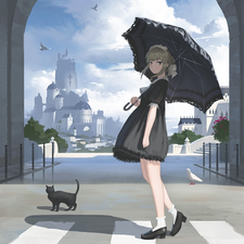 cat, Street, girl, umbrella, Manga Anime