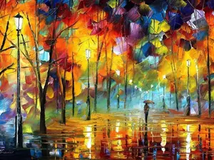 Leonid Afremov, Art Image, Rain, trees, Umbrella, autumn, alley, form, viewes