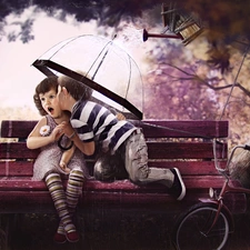 boy, Bench, Umbrella, girl