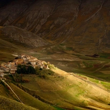 field, Mountains, Umbria, Italy, Town, medows