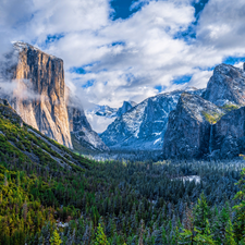 Sierra Nevada Mountains, California, clouds, Yosemite Valley, The United States, woods, Yosemite National Park