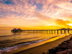 Malibu, sea, Sunrise, pier, Stones, State of California, The United States, Coast