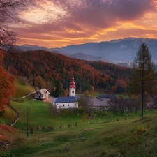 Church, Mountains, trees, Valley, Slovenia, autumn, viewes