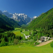 Valley, village, woods, medows, Mountains