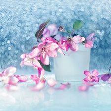 trees, Pink, vase, Bokeh, fruit, Flowers