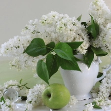 White, apples, Vase, Lilacs