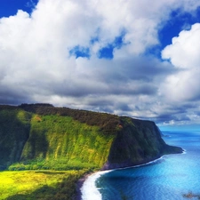 Cliffs, clouds, VEGETATION, sea