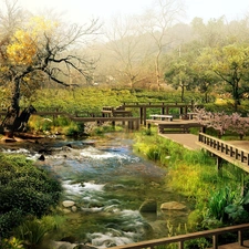 Garden, bridges, VEGETATION, brook