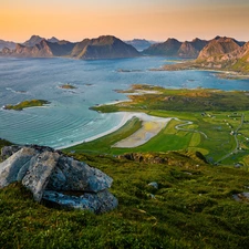 sea, Mountains, Stones, Lofoten, Norway, Kvalvika Beach, VEGETATION