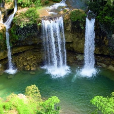 waterfall, Green, VEGETATION, Stones