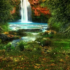 waterfall, viewes, VEGETATION, trees