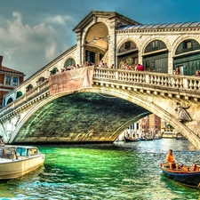 bridges, Boats, Venice, canal