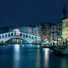 Venice, Night, Houses, canal, bridge