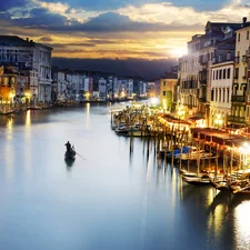 canal, boats, west, Gondolas, Houses, Venice, sun