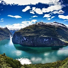 vessels, VEGETATION, Geirangerfjord, Mountains, sea