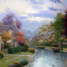 Houses, Flowers, view, brook