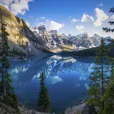 Mountains, Canada, lake, clouds, reflection, Spruces, viewes, Province of Alberta, Banff National Park, trees, Moraine Lake