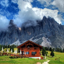 Restaurant, Mountains, viewes, Austria, trees, clouds