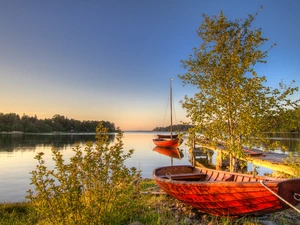 viewes, boats, lake, trees, Sky