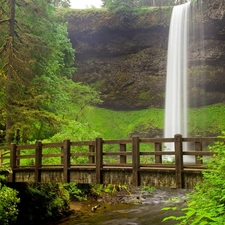 viewes, brook, bridges, trees, waterfall