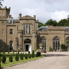 viewes, Bush, statues, trees, Castle