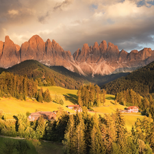 Dolomites, forest, clouds, trees, Houses, Mountains, Italy, viewes